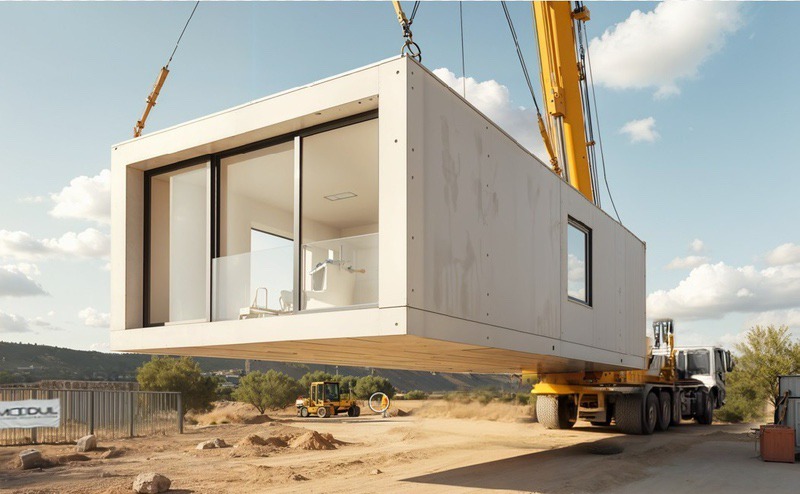 Implantación de casa modular con grúa