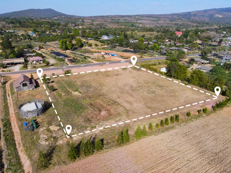 Parcela de terreno construcción vivienda vista aérea campo tierra con alfileres propiedad subdivisión para la casa locación